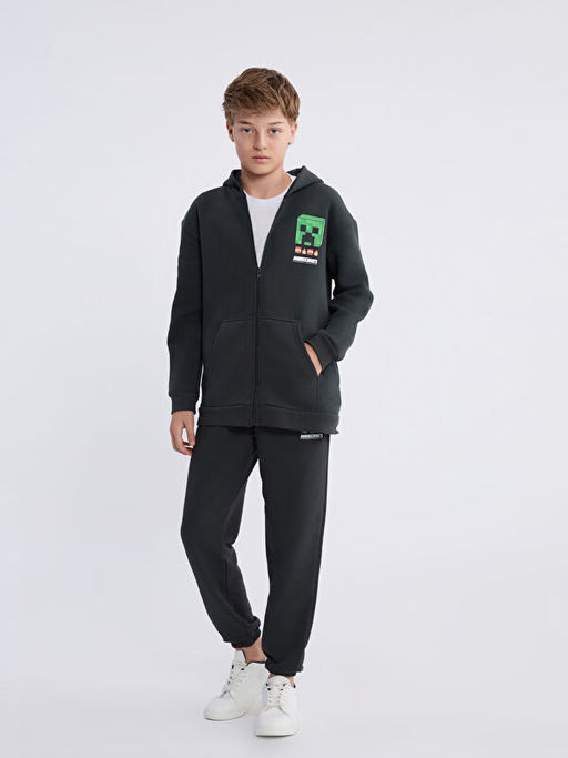 Kap??onlu Minecraft Bask?l? Erkek ?ocuk Fermuarl? Sweatshirt