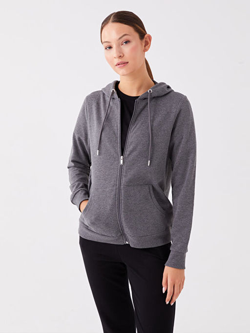Kap??onlu D?z Uzun Kollu Kad?n Fermuarl? Sweatshirt