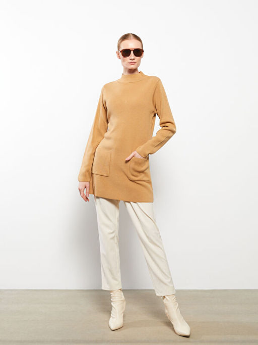 Yar?m Bal?k?? Yaka D?z Uzun Kollu Kad?n Triko Tunik