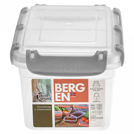 "Bergen" Контейнер для продуктов пластмассовый 1,3л, 17,9х12,6х10,2см, с защелками, пепельный жемчуг, подходит для СВЧ (Россия)