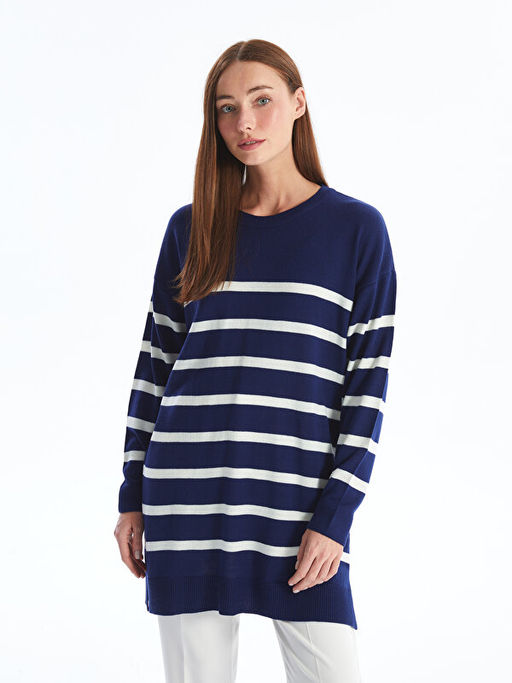 Bisiklet Yaka ?izgili Uzun Kollu Kad?n Triko Tunik