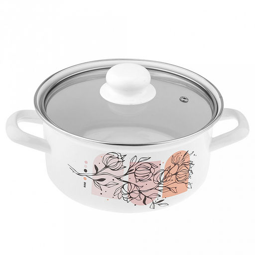 "Хлопок" Кастрюля эмалированная 2л, форма цилиндрическая, стеклянная крышка (Россия)