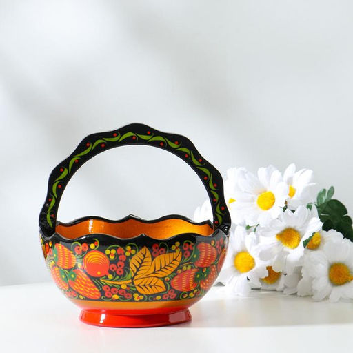 Конфетница с ручкой, 12-13×12-13 см, дерево, хохлома