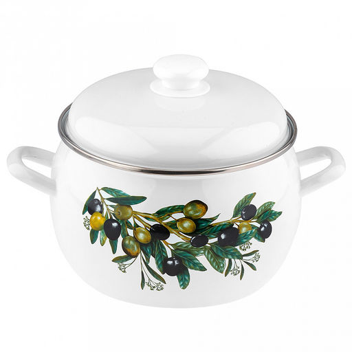 "Оливковая ветвь" Кастрюля эмалированная 5,0л, форма полусфера, металлическая крышка, нержавеющий ободок (Россия)