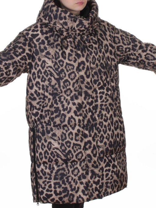 8892 BROWN/LEOPARD Куртка зимняя женская оверсайз с вшитой жилеткой (200 гр. холлофайбер)