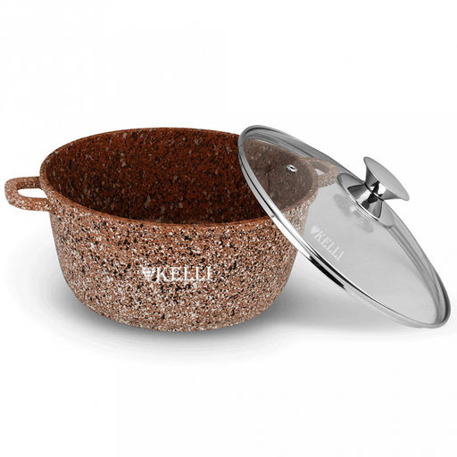 Кастрюля из высокопрочного алюминия "Kelli" 2,5л, д20см, гранитное покрытие, индукционное дно, стеклянная крышка с паровыпуском, съемные силиконовые накладки для ручек, коричневый (Китай) Подходит для всех видов плит, включая индукционную.