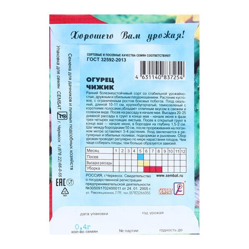 Цена за 5 шт. Семена Огурец "Чижик", 0,4 г