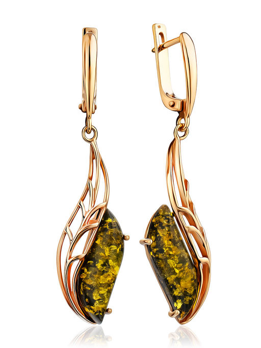 Изящные удлинённые серьги из зелёного янтаря Веста