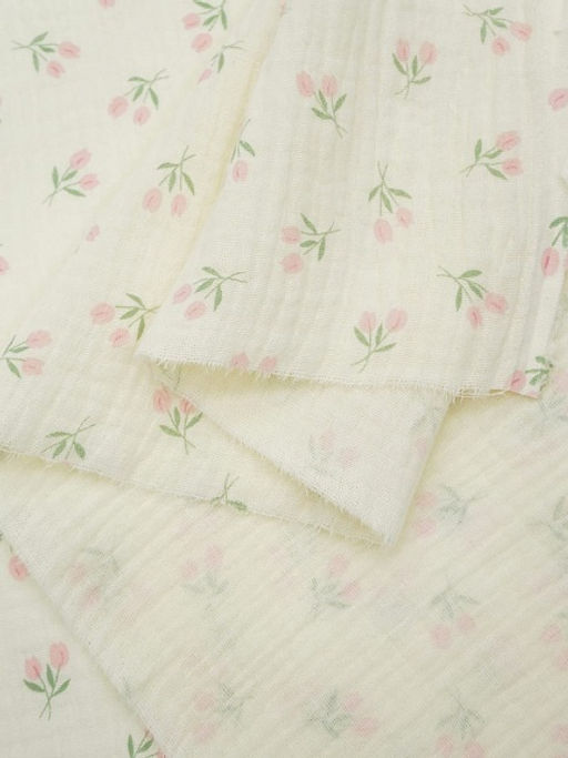 Муслин двухслойный с эф.жатости Розовые тюльпанчики цв.сливочный, ш.1.4м, хл-100%, 125гр/м.кв - Купава фото 5