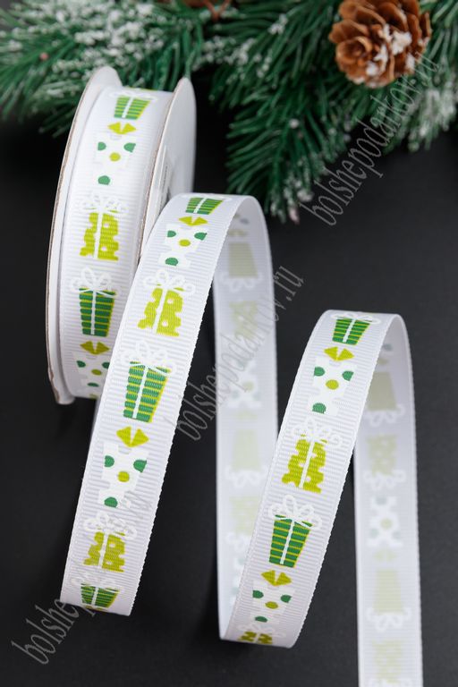 Лента репсовая 1,5 см с рисунком Подарки SF-5769, белый №01