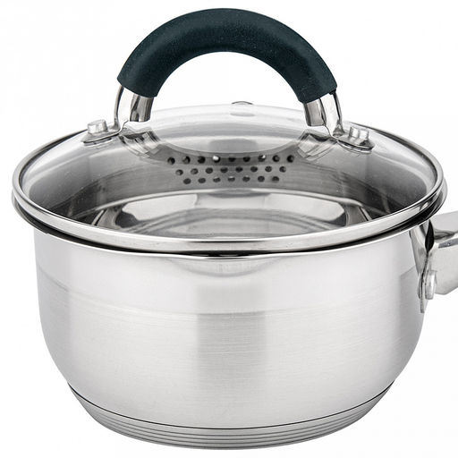 Ковш из нержавеющей стали "Луиза" 1,4л, д13,5см, h7,7см, стеклянная крышка, просиликоненные ручки, подарочная коробка, "Appetite" (Китай) Подходит для индукционных плит