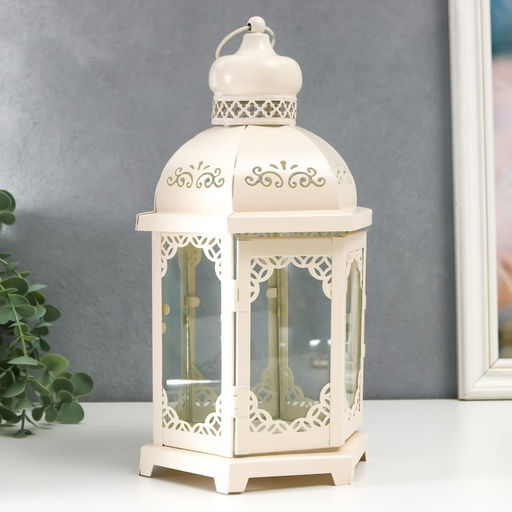 Металлический подсвечник-фонарь на 1 свечу «Цветущие вензеля», стекло, d=10 см, белый, 13.5×15×29 см