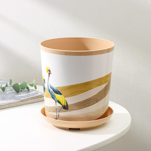 Горшок для цветов с поддоном Доляна «Каракум. Венценосный журавль», 1.6 л, d=14 см, h=15.5 см, пластиковый, белый/бежевый