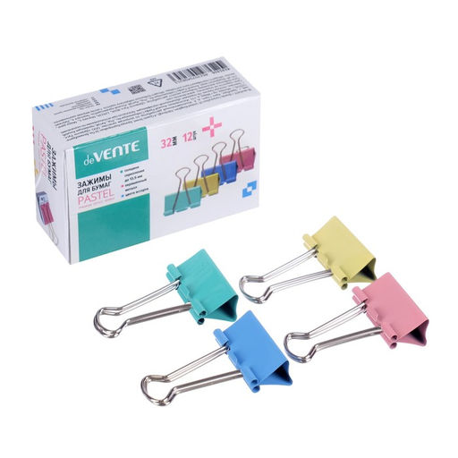 Зажимы для бумаг 32 мм, 12 штук, deVENTE, металлические, МИКС х 4 цвета, картонная коробка