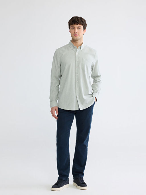 Regular Fit ?izgili Keten G?r?n?ml? Erkek G?mlek