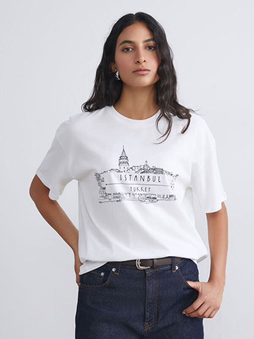 Bisiklet Yaka ?stanbul Bask?l? Kad?n Ti??rt
