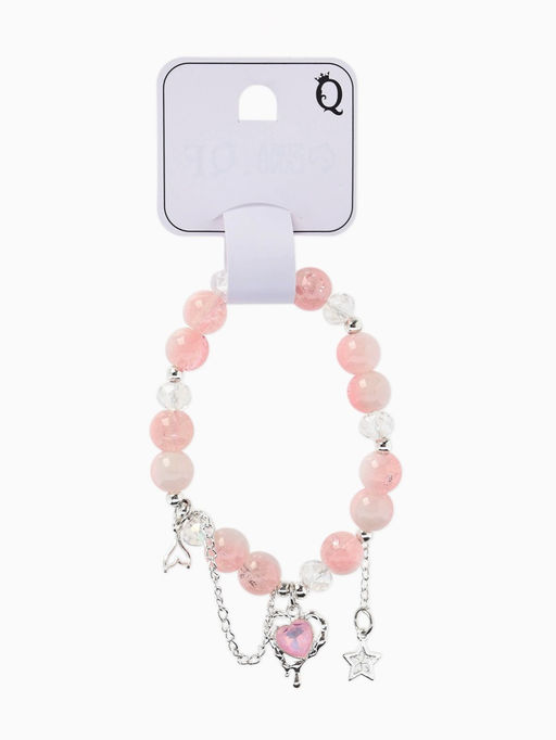 Браслет с подвесками "Сахарный" сердце тякучее, шар № 10/8, цвет бело-розовый в серебре