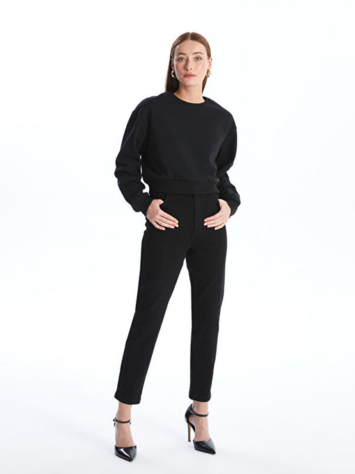 Bisiklet Yaka D?z Uzun Kollu Kad?n Kal?n Sweatshirt