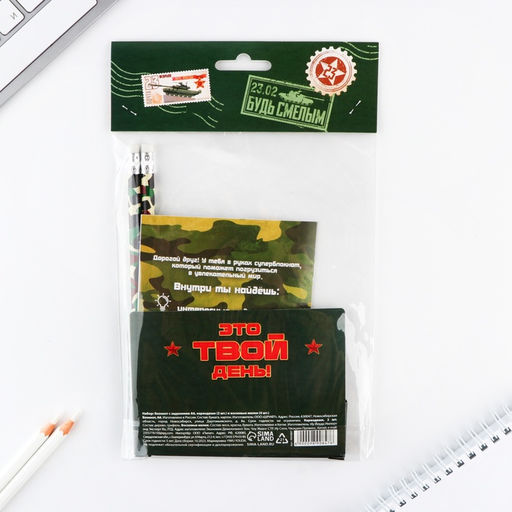 Цена за 2 шт. Подарочный набор 23 февраля, блокнот А6, карандаши (2 шт.) и восковые мелки (4 шт.) - Artfox фото 9