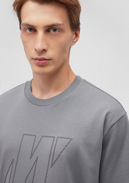 M Logo Bask?l? Gri Tisort - Mavi фото 6