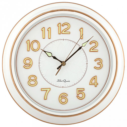 Часы настенные "Ноктюрн" д30-35см, h5см, мягкий ход, циферблат "Лилия" белый; цифры арабские, люминисцентные с золотой обводкой; корпус пластик, белый, полоски медного цвета; в коробке (Китай)
