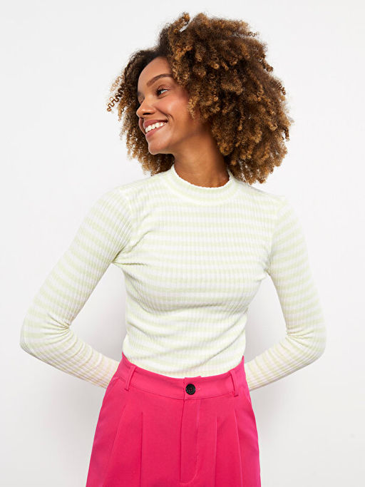 Dik Yaka ?izgili Uzun Kollu Kad?n Ti??rt