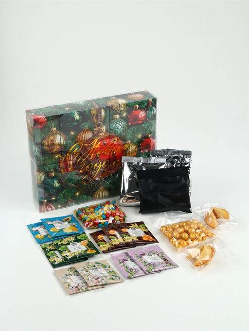 Подарочный набор новогодний «С новым годом»: чай весовой чёрный/зелёный, чай в пакетиках, печенье, кофе, арахис, драже