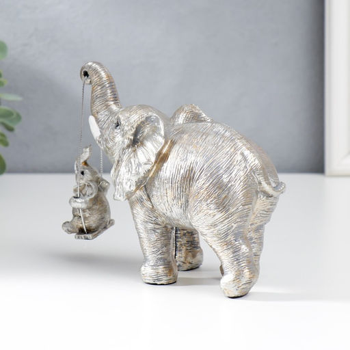 Фигурка полистоун «Слон качает слонёнка на качелях», под серебро, 14.5×8×18 см