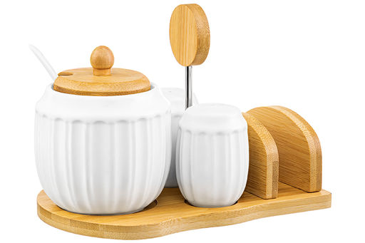 Набор - сахарница 350 мл Ампир с ложкой + солонка + перечница + салфетница на дер. подст. с ручкой - Elan gallery фото 8