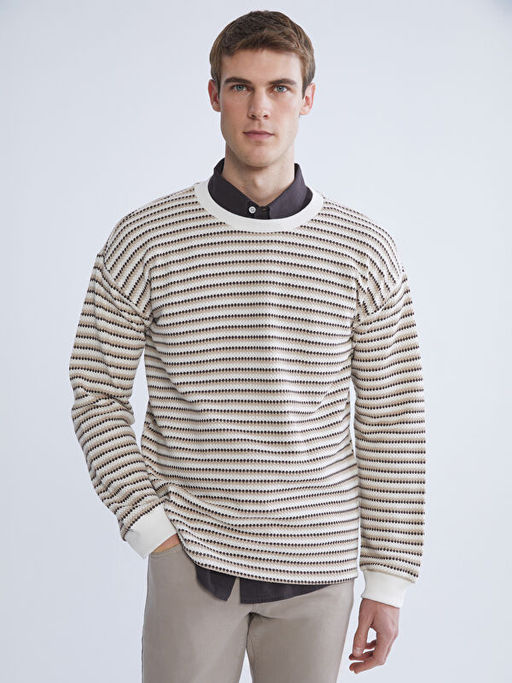 Bisiklet Yaka ?izgili Erkek Triko Kazak