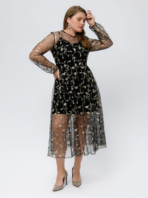 Платье черного цвета длины миди с отделкой из фатина - 1001dress фото 6