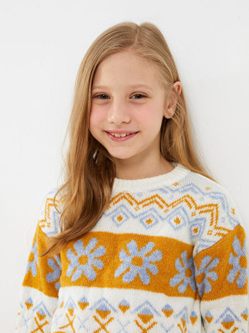 Bisiklet Yaka Desenli Uzun Kollu K?z ?ocuk Triko Kazak - Waikiki фото 3