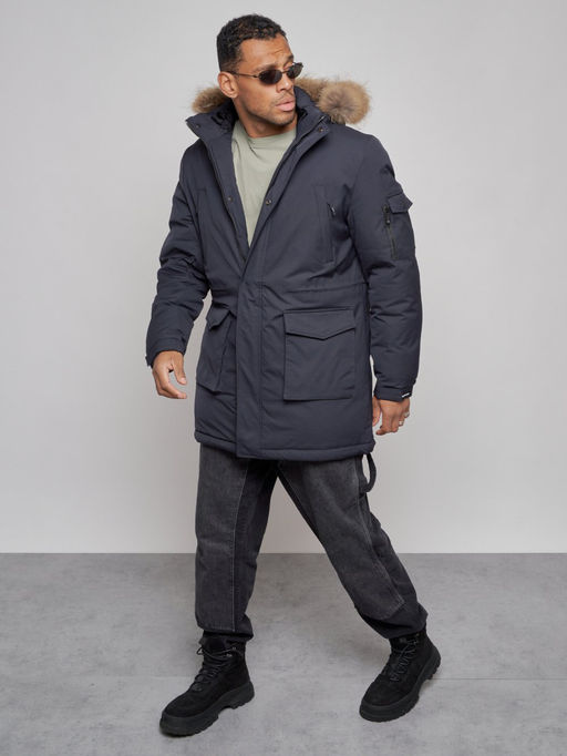 Парка мужская зимняя удлиненная с мехом темно-синего цвета 8318TS - Wonderrman фото 11