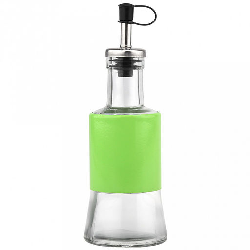 Бутылка для масла стеклянная В юбке Валенсия 200мл, д6,5см, h15см, д/горла 2см, дозатор из нержавеющей стали, в цветной металлической оплетке, цвета в ассортименте: черный, красный, салатовый, д/основания 6см (Китай)