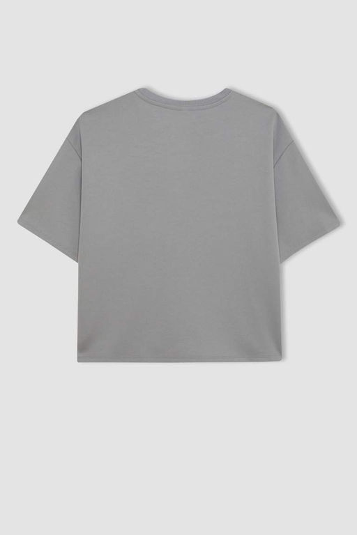 Женская серая базовая однотонная футболка с круглым вырезом и короткими рукавами Relax Fit - Defacto фото 9