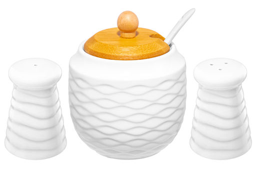 Набор - сахарница 350 мл Айсберг волны с ложкой + солонка + перечница + салф.на дер.подст.с ручкой - Elan gallery фото 5