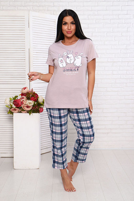 Костюм с брюками, принт, розово-бежевый (935-1)