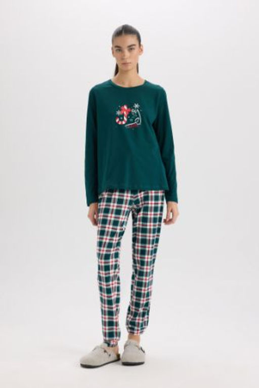 Fall in Love Y?lbas? Temal? Pijama Tak?m? Regular Fit Uzun Kollu Ust Kareli Uzun Alt