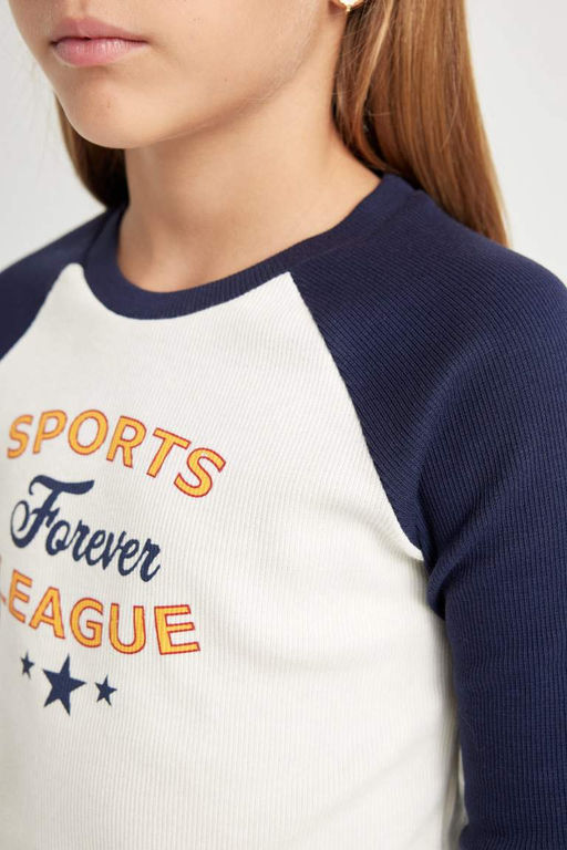 Укороченная футболка с длинными рукавами и круглым вырезом для девочек в рубчик с принтом - Defacto фото 5