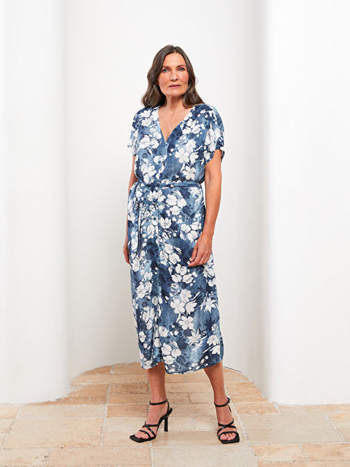 V Yaka ?i?ekli K?sa Kollu Poplin Elbise