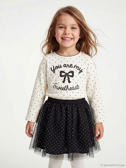 Bisiklet Yaka Kurdele Bask?l? K?z ?ocuk Ti??rt