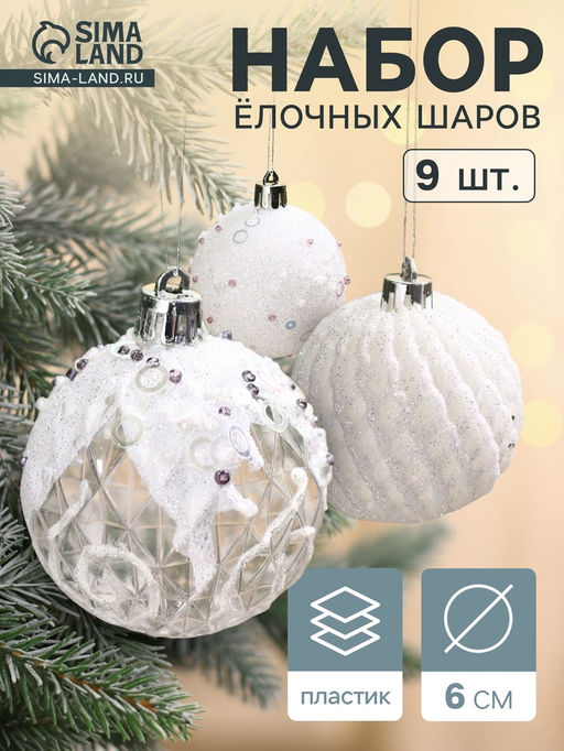 Ёлочные игрушки Снежная изморозь, шары пластиковые, d=6 см, набор 9 шт., белый