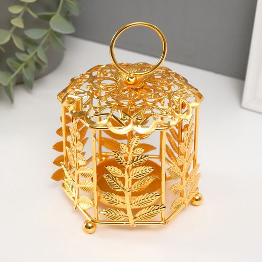 Металлический подсвечник-фонарь на 1 свечу Цветок и веточки, золото, d=5.5 см, 9.8?10.5?14 см