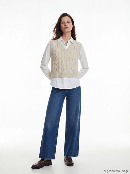 V Yaka Kendinden Desenli Kad?n Triko S?veter