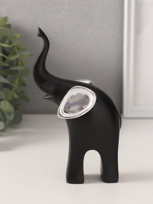 Фигурка «Чёрный слон с ушками хобот вверх», полистоун, серебряный цветок, 9×4.5×15.5 см