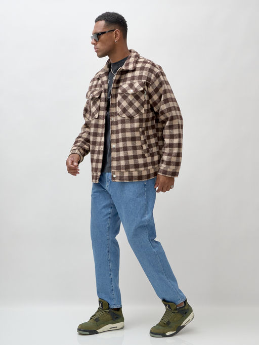 Куртка рубашка шерстяная в клетку мужская демисезонная коричневого цвета 58566K