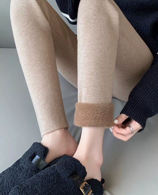 K13197 Легинсы в рубчик МЕХ (вязаный трикотаж) СВ_БЕЖЕВЫЙ