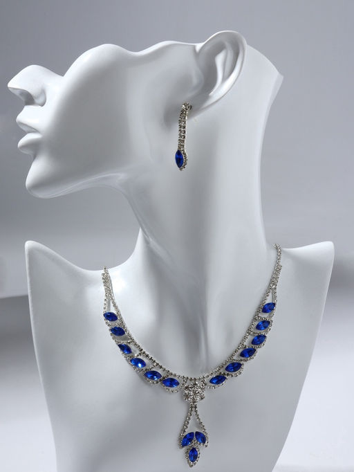Набор 2 предмета: серьги, колье Листопад ромб, цвет сине-белый в серебре, 45 см