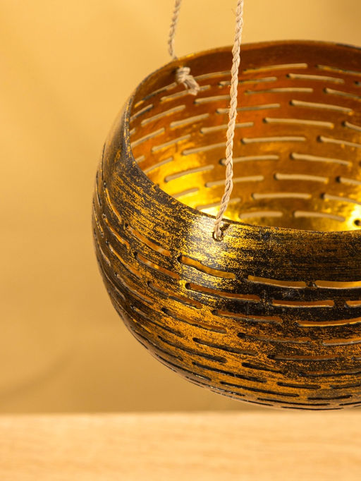 Подсвечник подвесной из кокоса, 14×14×10 см, чёрно-золотой