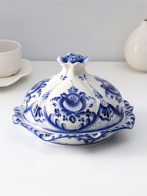 Блинница с крышкой «Цветок», блюдо, 24×15 см, фарфор, гжель